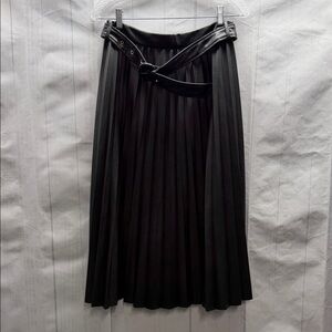 Zara Black Faux Leather Belted Pleated A-Line Midi Skirt Size Medium